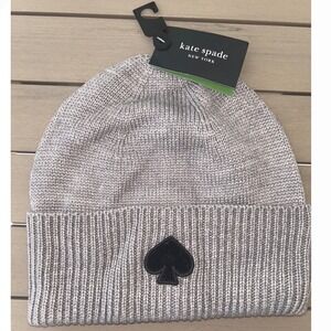 Kate Spade New York Beanie Hat Gray Knit Spade Logo Winter Warm Women